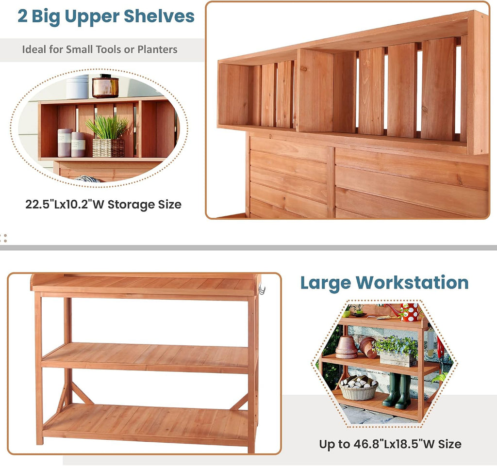 Potting Bench Table with 4 Storage Shelves and Side Hook, Polibi 65" Large Wooden Farmhouse Rustic Outdoor Patio Workstation, Garden Potting Bench with Splash Plate