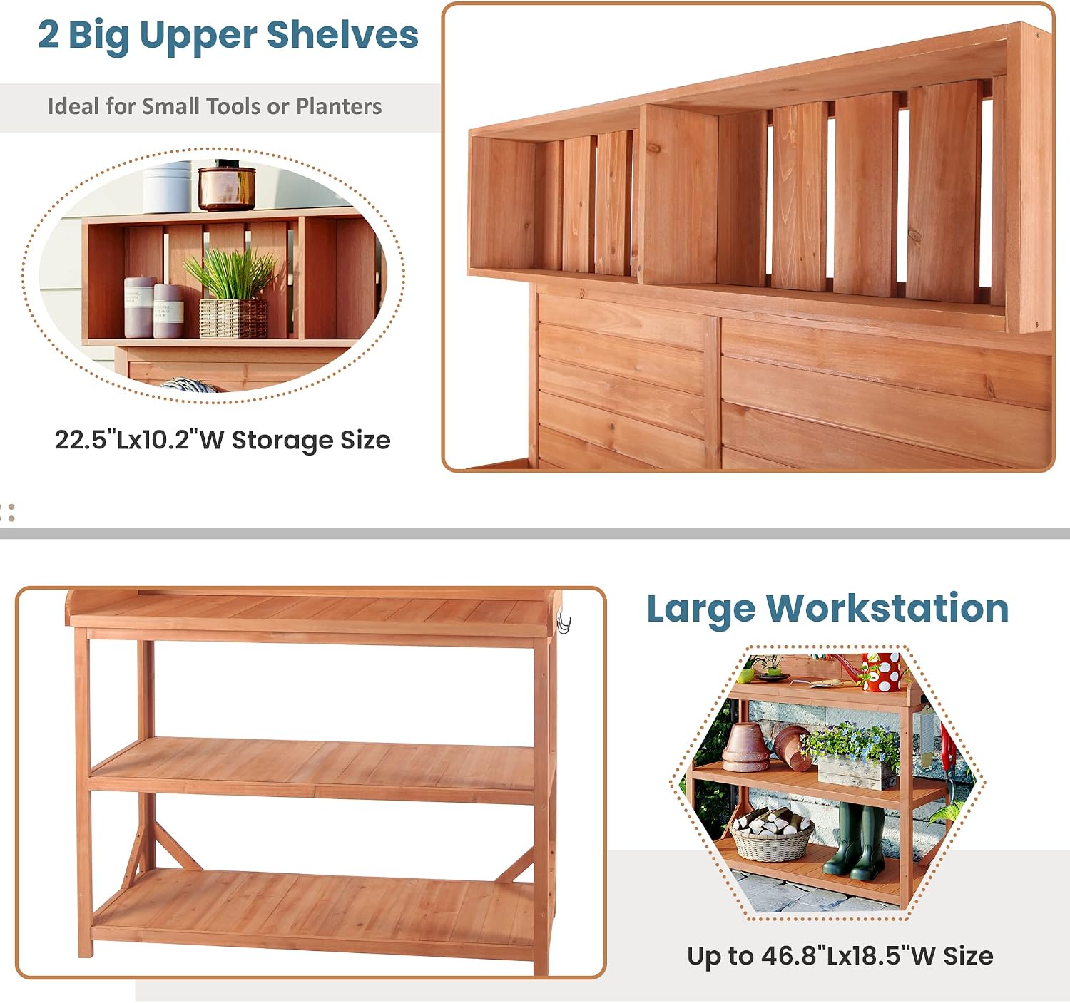 Potting Bench Table with 4 Storage Shelves and Side Hook, Polibi 65" Large Wooden Farmhouse Rustic Outdoor Patio Workstation, Garden Potting Bench with Splash Plate