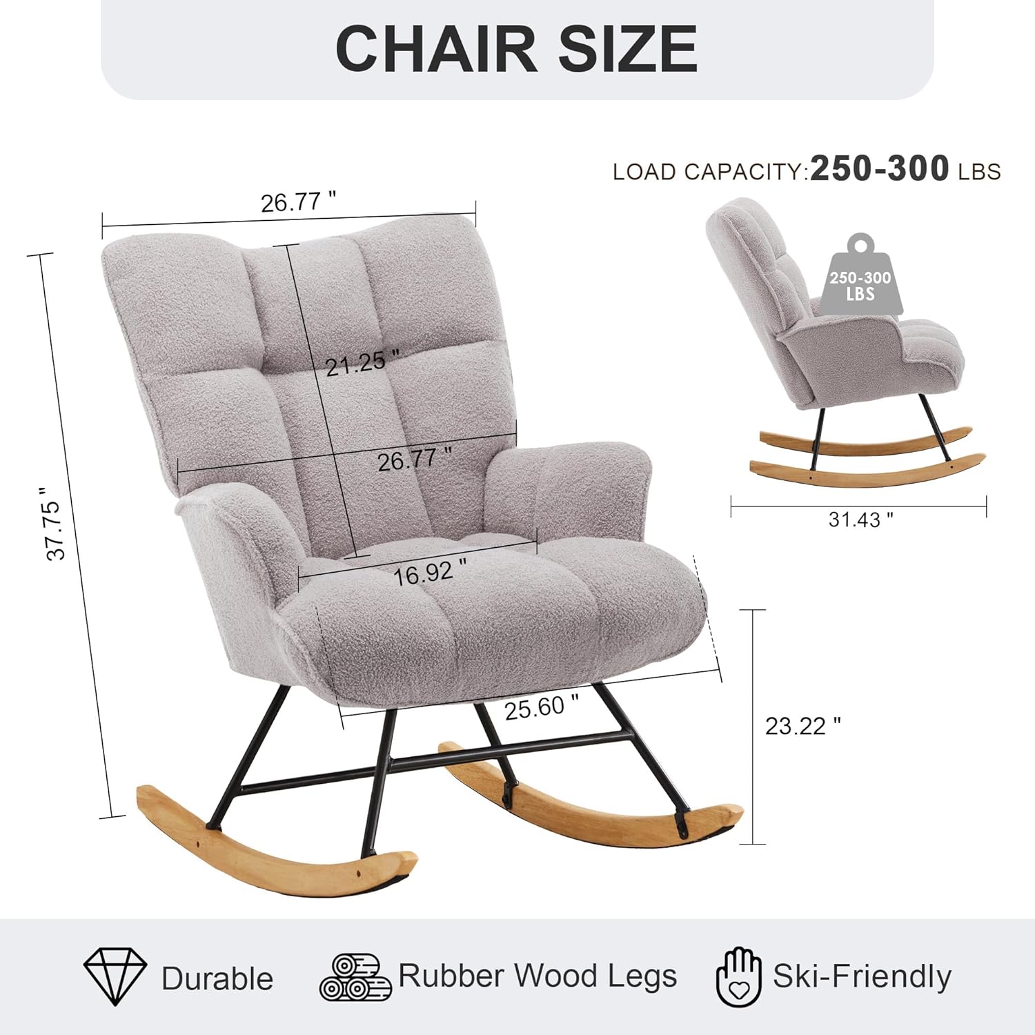 Zedachica Rocking Chair Nursery Teddy Upholstered Glider Rocker Rocking Accent Chair Padded Seat with High Backrest Armchair Comfy Side Chair for Living Room Bedroom Offices (Grey Teddy)