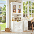 ivaniti 71" Farmhouse Kitchen Pantry Cabinet, White Freestanding Storage Hutch with Glass Doors, Drawers & Countertop, Microwave Stand & Coffee Bar, Adjustable Shelves, Set of 2
