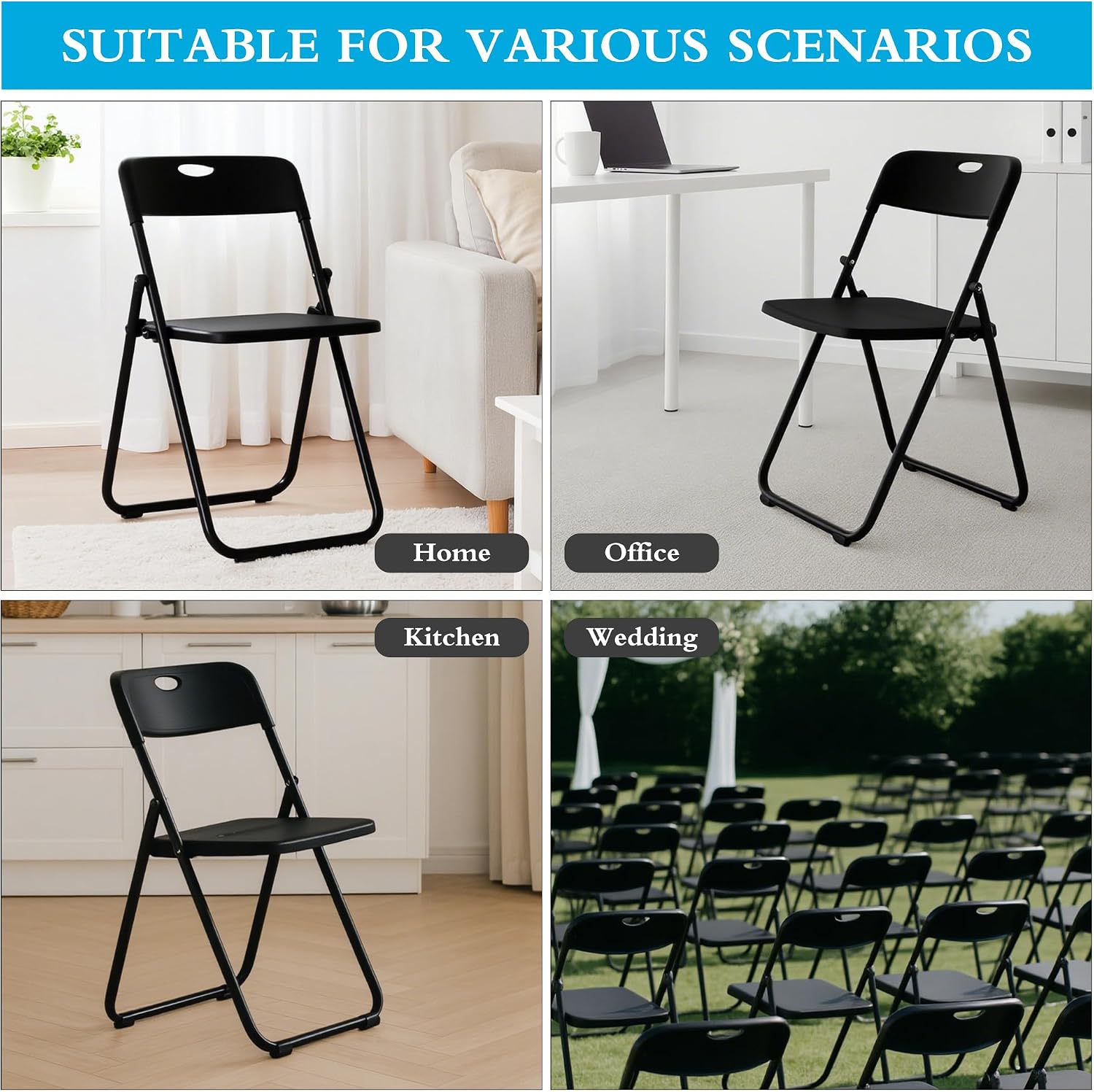 10 Pack Black Plastic Folding Chairs, Indoor Outdoor Portable Stackable Commercial Seats with Steel Frame for Home Office Wedding Party Events Kitchen Dining, 350lb Capacity