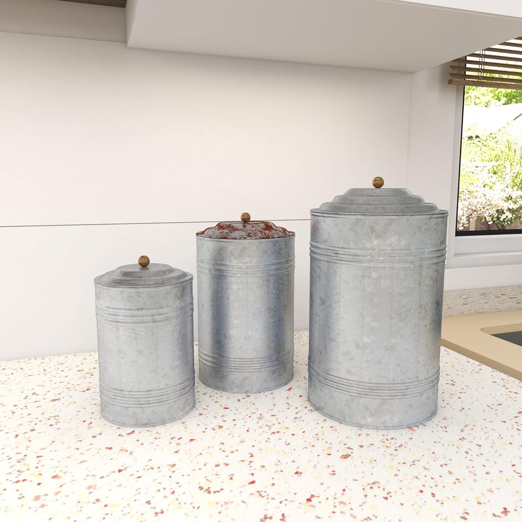 Deco 79 Metal Living Room Decorative Jars Galvanized Ribbed Decorative Container with Gold Ball Knobs, Set of 3 Jar with Lid 12", 9", 8"H, Gray