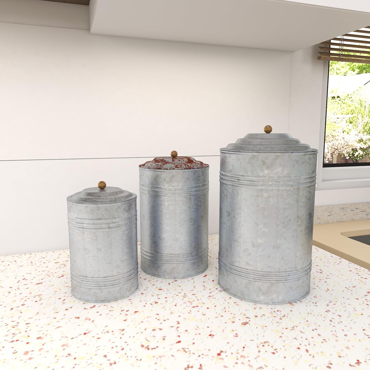 Deco 79 Metal Living Room Decorative Jars Galvanized Ribbed Decorative Container with Gold Ball Knobs, Set of 3 Jar with Lid 12", 9", 8"H, Gray