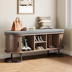 Decofy Storage Bench with Cushion and Sliding Doors, 47.2 Inch Large Entryway Shoe Bench with Sturdy Metal Feet, Multi-Functional for Entrance Hall, Bedroom, Living Room (Walnut)