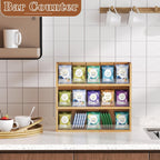 X-cosrack Bamboo Tea Bag Organizer Storage Box, 3 Tier Stackable Tea Bag Box Natural Wood, Wall Mount Tea Chests with Acrylic for tea bags Office Kitchen Cabinet Pantry