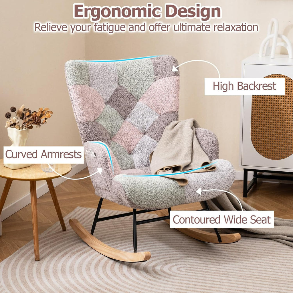Moccha Nursery Rocking Chair, Teddy Upholstered Glider Rocker with High Backrest, Rubber Wood Legs & Side Pocket, Comfy Armchair Side Chair for Living Room Bedroom (1, Spliced Pink)