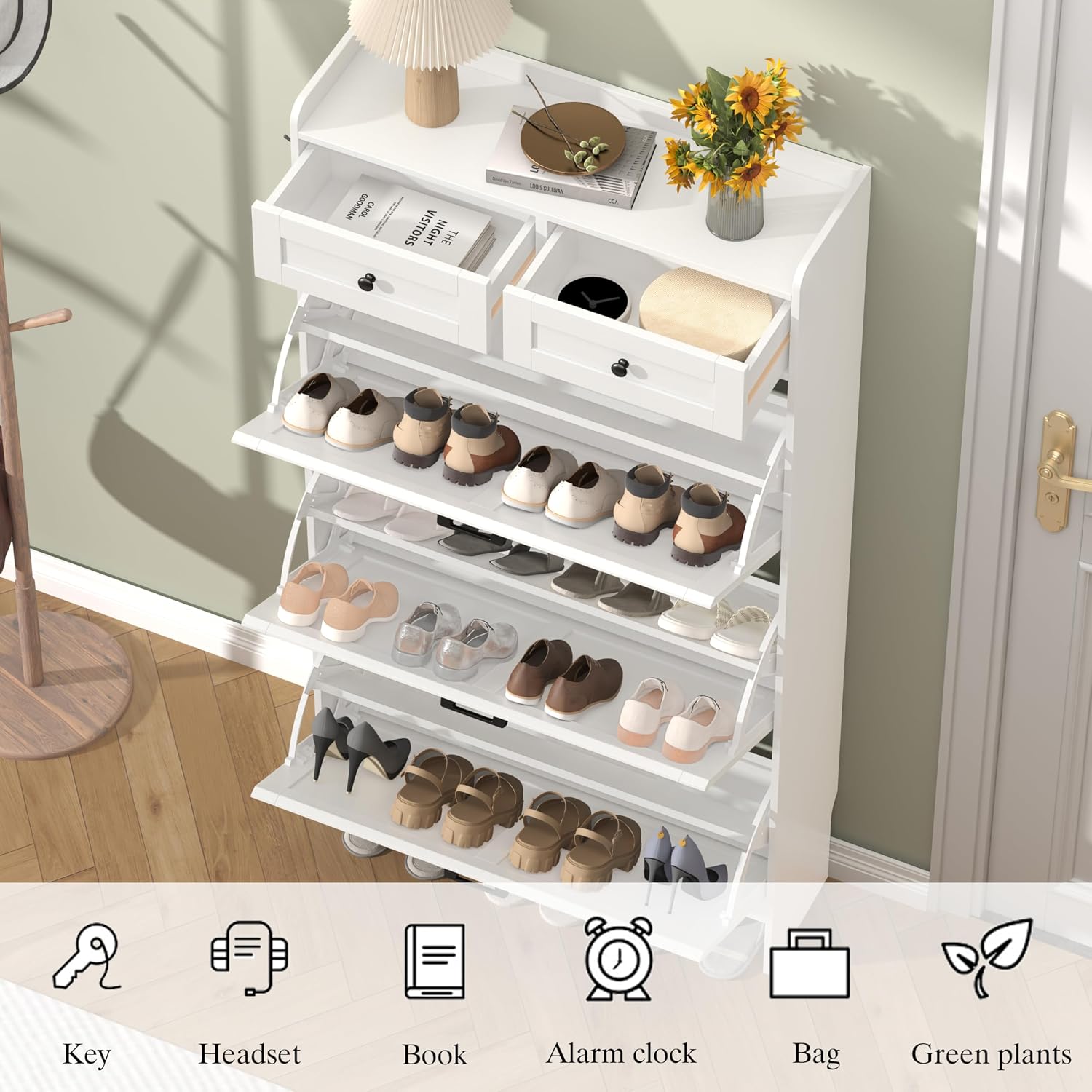 Thacuok Shoe Cabinet with 3 Flip Drawers & 2 Storage Drawers, Rustic Farmhouse Narrow Shoe Organizer Cabinet, Slim Shoe Rack Cabinet, Shoe Storage Cabinet for Entryway, Hallway, Front Door