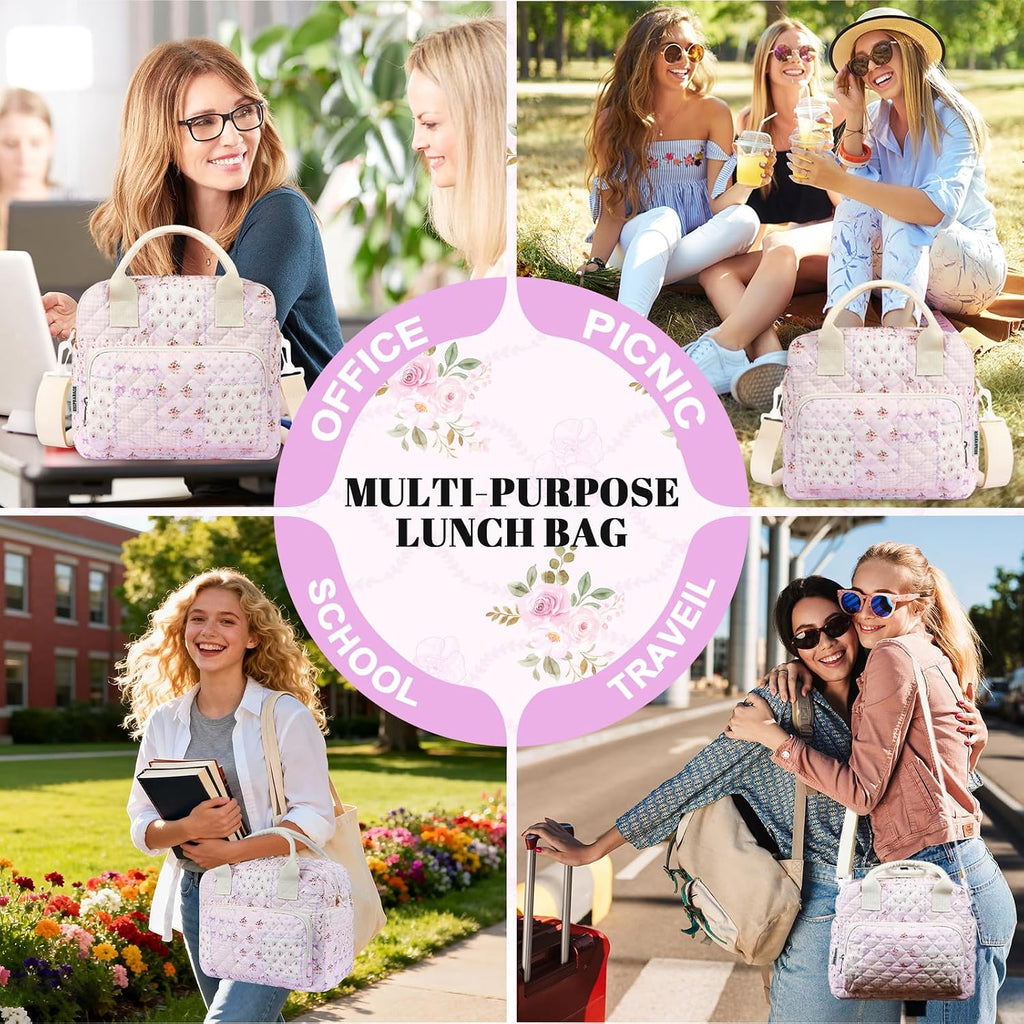 Quilted Lunch Box for Women, Large Insulated Lunch Bag for Adult,Elegant Pink Patchwork Cute Portable Tote Bags for Work Travel Beach Picnic (Purple Patchwork, M)