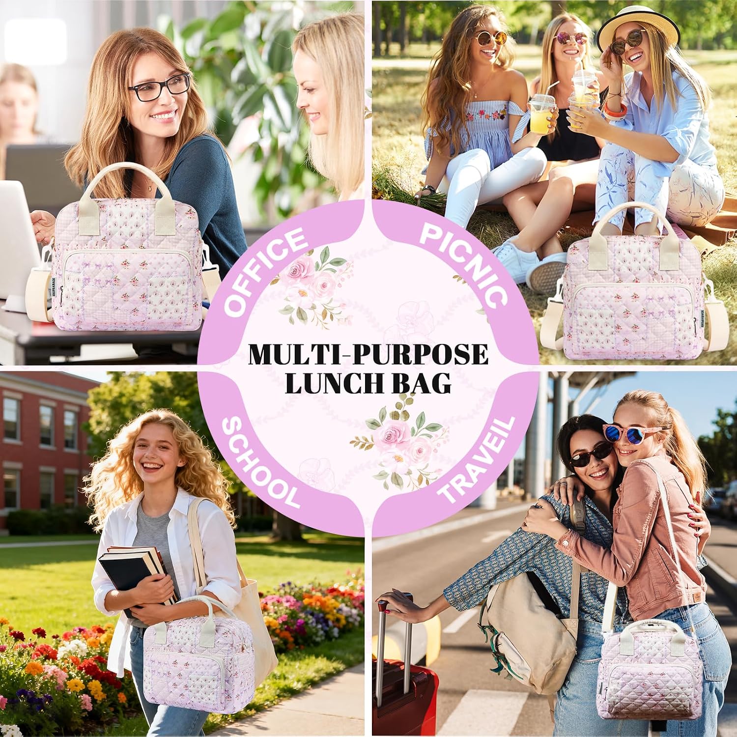 Quilted Lunch Box for Women, Large Insulated Lunch Bag for Adult,Elegant Pink Patchwork Cute Portable Tote Bags for Work Travel Beach Picnic (Purple Patchwork, M)