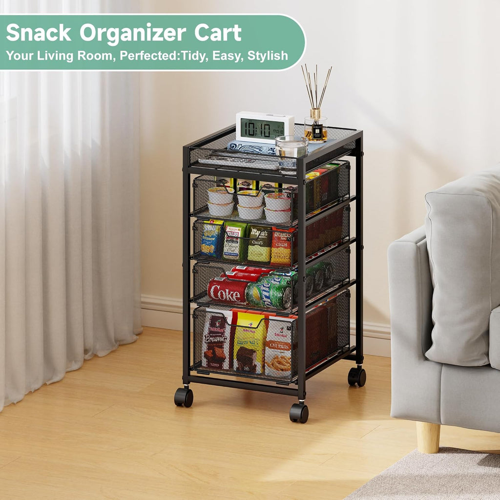 keomaisyto 5-Tier Kitchen Storage Cart with Top Basket & Drawers, Fruit and Vegetable Storage Rack on Wheels, Metal Rolling Cart with Drawers & Kitchen Organization for Snacks, Potatoes, Onions, Cans