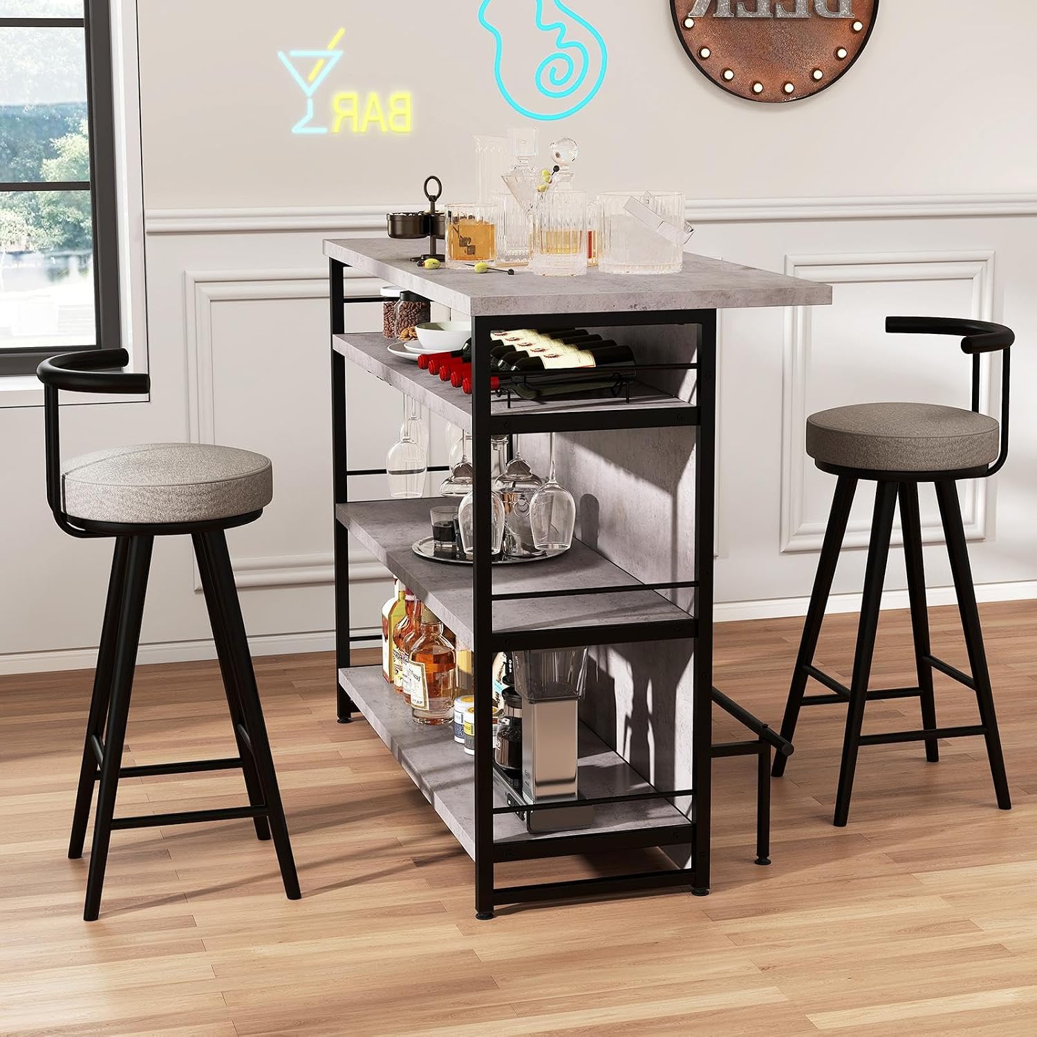 TANGZON 2 in 1 Kitchen Island, Industrial 4-Tier Bar Table with Storage Shelves, Wine Rack, Glass Holders & Footrests, Metal Frame Counter Home Bar Unit Wine Cabinet (Grey)