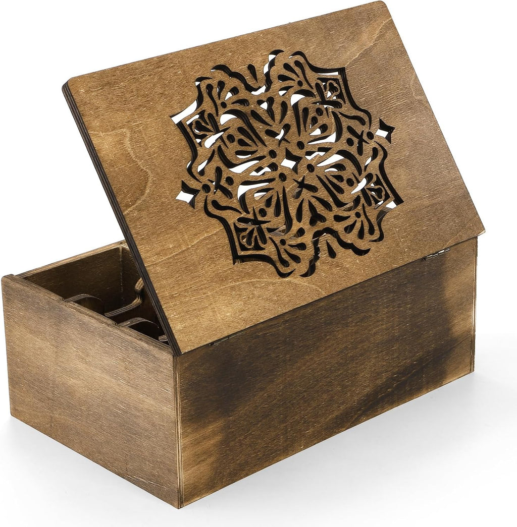 WRINGKIT Tea Bag Organizer Storage Box, Wood, 9 Compartments | Tea Chest Containers with Floral Carved Lid, Tea Holder Box for Assorted Spice Packets, Home Decor, Multi-Functional Storage