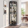 BELLEZE Lighted 3-Side Glass Display Curio Cabinet with Tempered Glass Doors and Shelves, Curved Wood Corner Cabinet with Bulb, Corner Curio Storage Rack for Bar and Liquor Storage - Ashfield (Black)