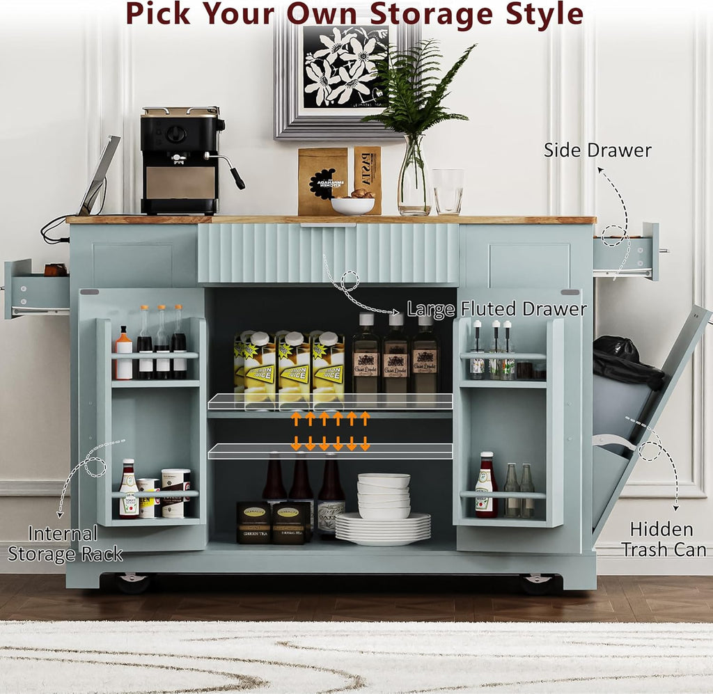 Kitchen Island with Trash Can Storage Cabinet and Power Outlet, Rolling Kitchen Cart on Wheels with Internal Storage Rack, Drawers, Open Side Racks for Dining Room (48.5", Grey Blue)