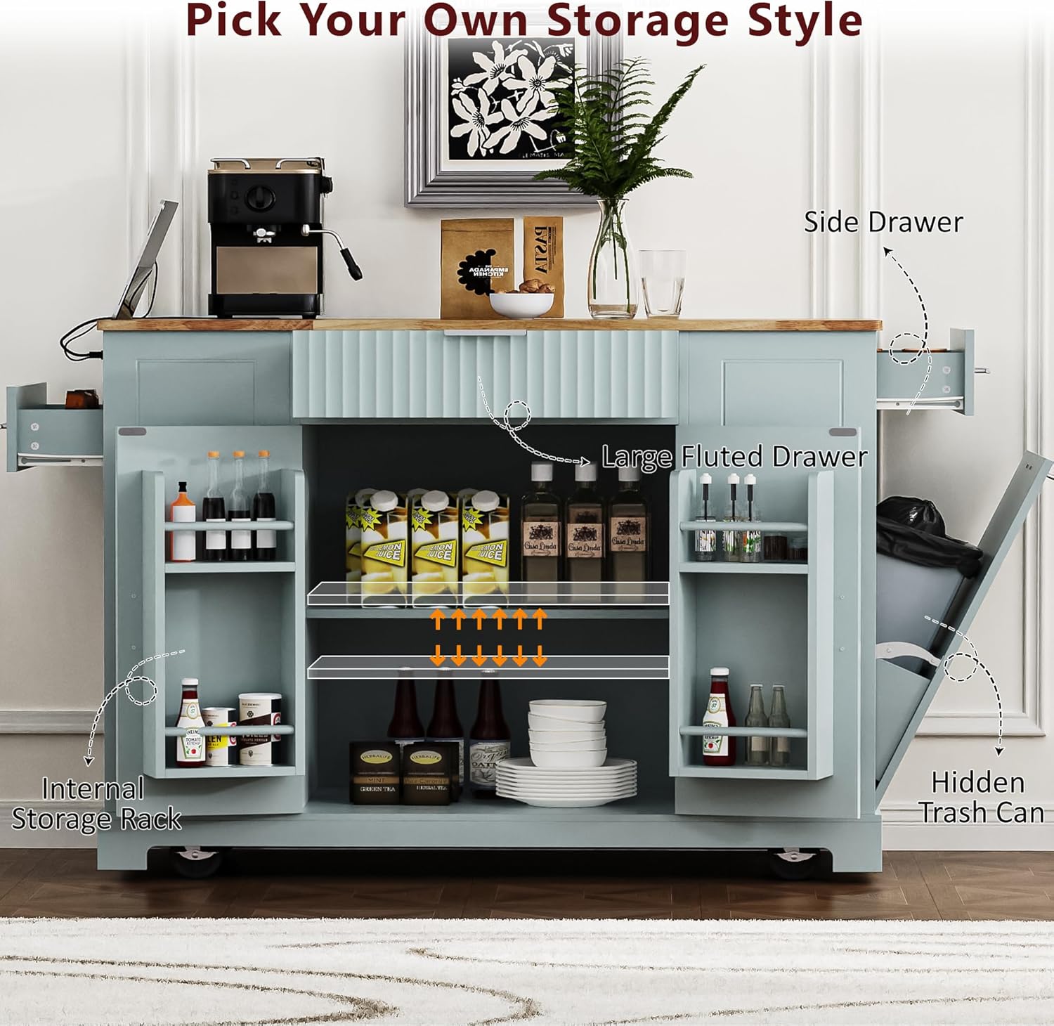 Kitchen Island with Trash Can Storage Cabinet and Power Outlet, Rolling Kitchen Cart on Wheels with Internal Storage Rack, Drawers, Open Side Racks for Dining Room (48.5", Grey Blue)