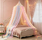 Comtelek Mosquito Net Bed Canopy for Girls,King Canopy Bed Curtains Full Queen Size from Ceiling,Dome Mosquito Netting Bed Tent Twin Girls Princess Canopy Bed White Decor for Baby Crib (Light Rainbow)