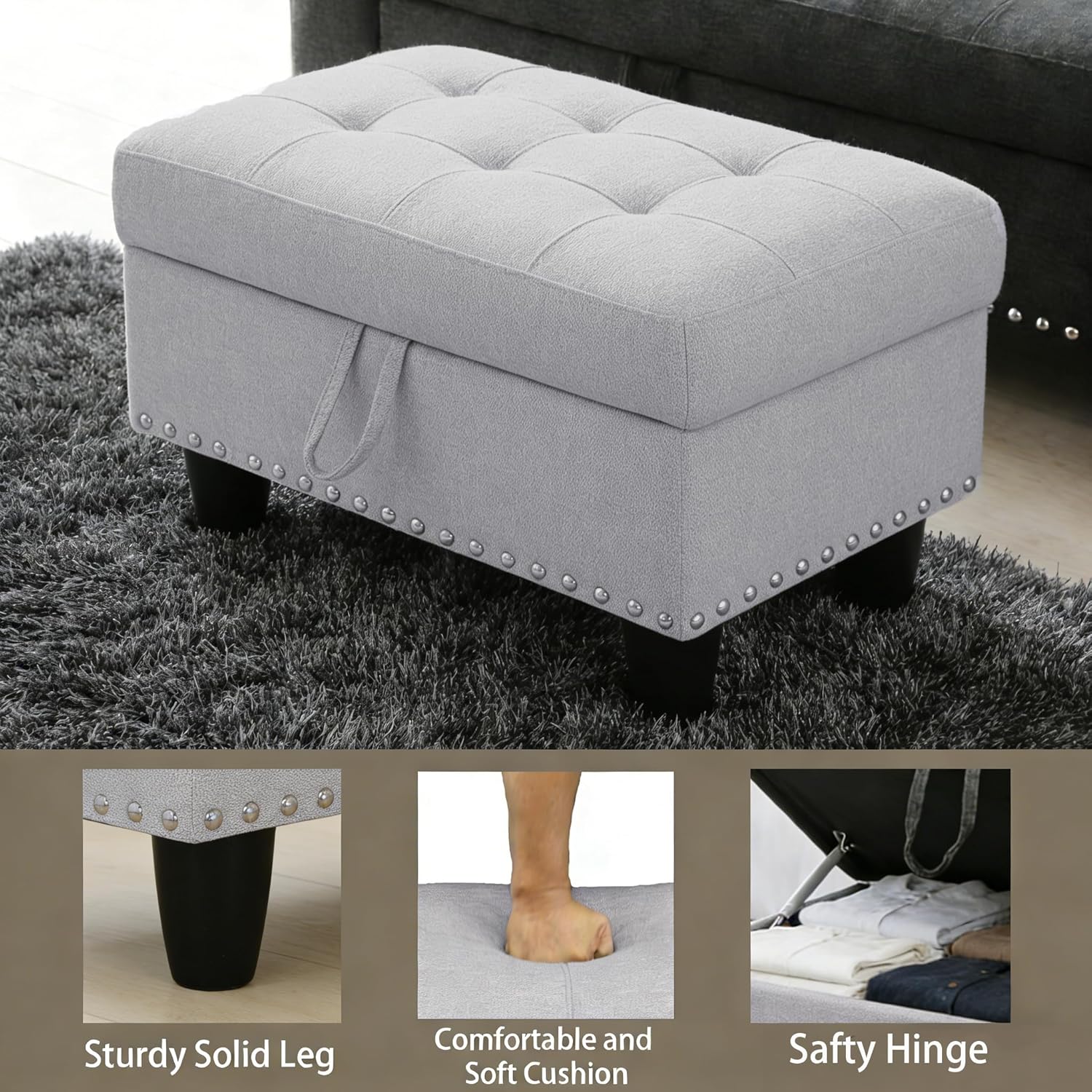 Ottoman with Storage for Living Room, 28.5'' Linen Living Room Ottomans Foot Rest, Upholstered Entryway Bench, End of Bed Storage Bench, Small Ottoman Foot Stool, Tufted Coffee Table, For Bedroom