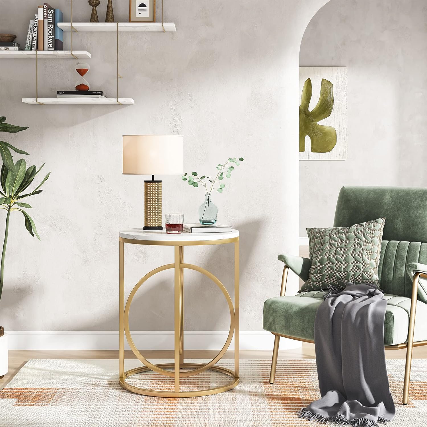 Tribesigns Round End Table, 20" Modern Sofa Side Table with Gold Base, Faux Marble Accent Table Bedside Table Nightstand for Living Room, Bedroom, White and Gold