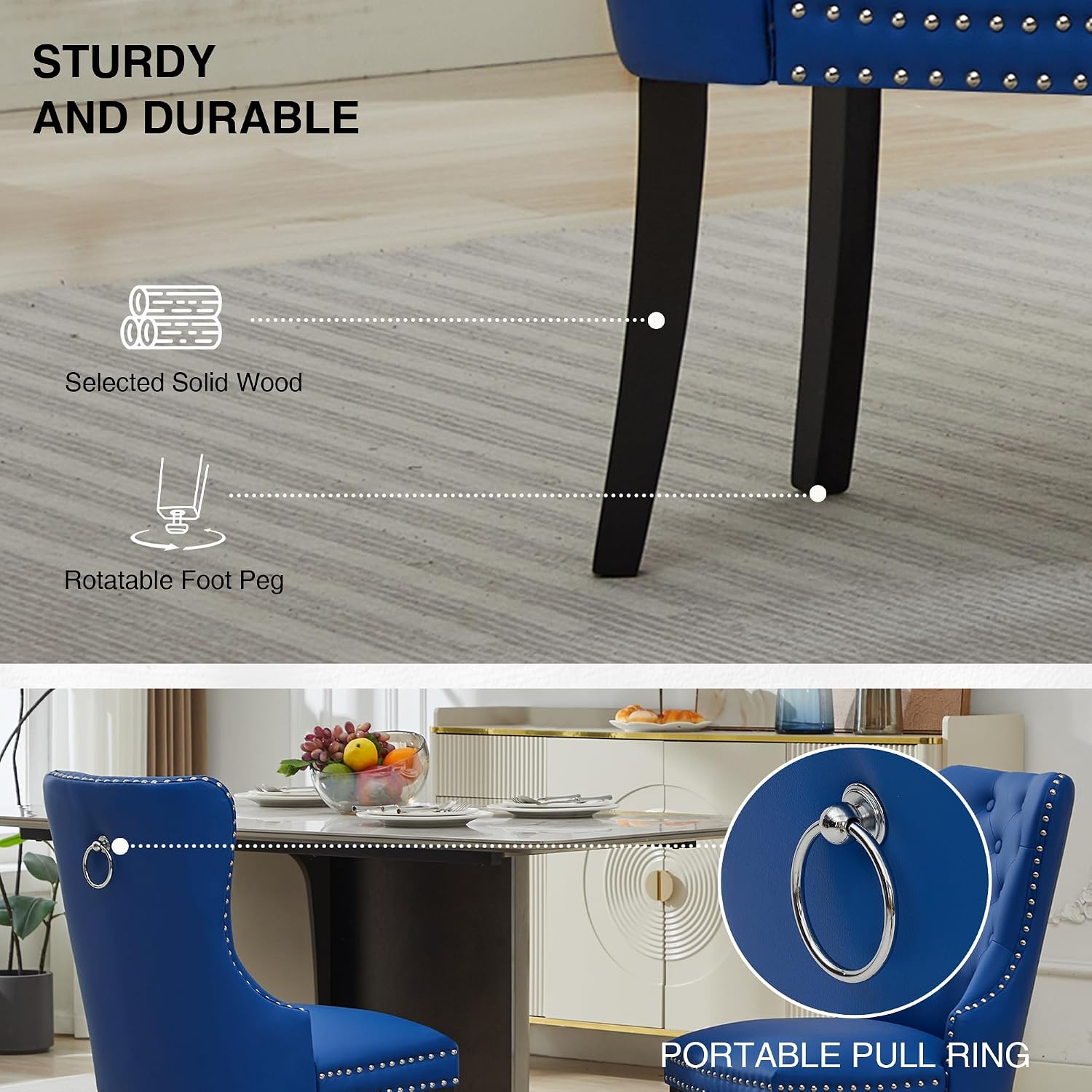adochr PU Leather Dining Chairs Set of 2, Tufted Upholstered Dining Room Chair with Pull Ring & Solid Wood Legs, Blue
