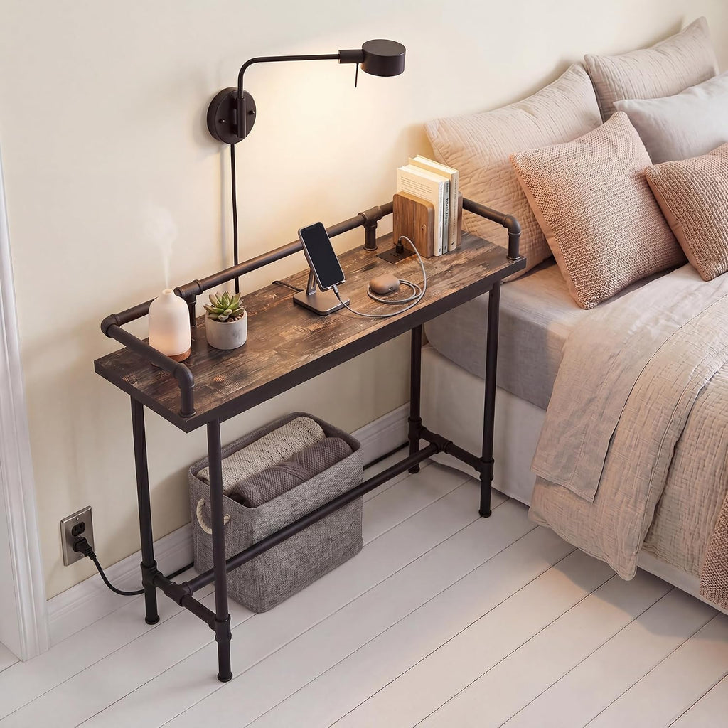 VECELO Narrow Sofa Table with Outlets & USB Ports, Industrial-Style Behind-Couch Table for Entryway, Hallway, Living Room, Bedroom, 39 Inch, Grey Oak