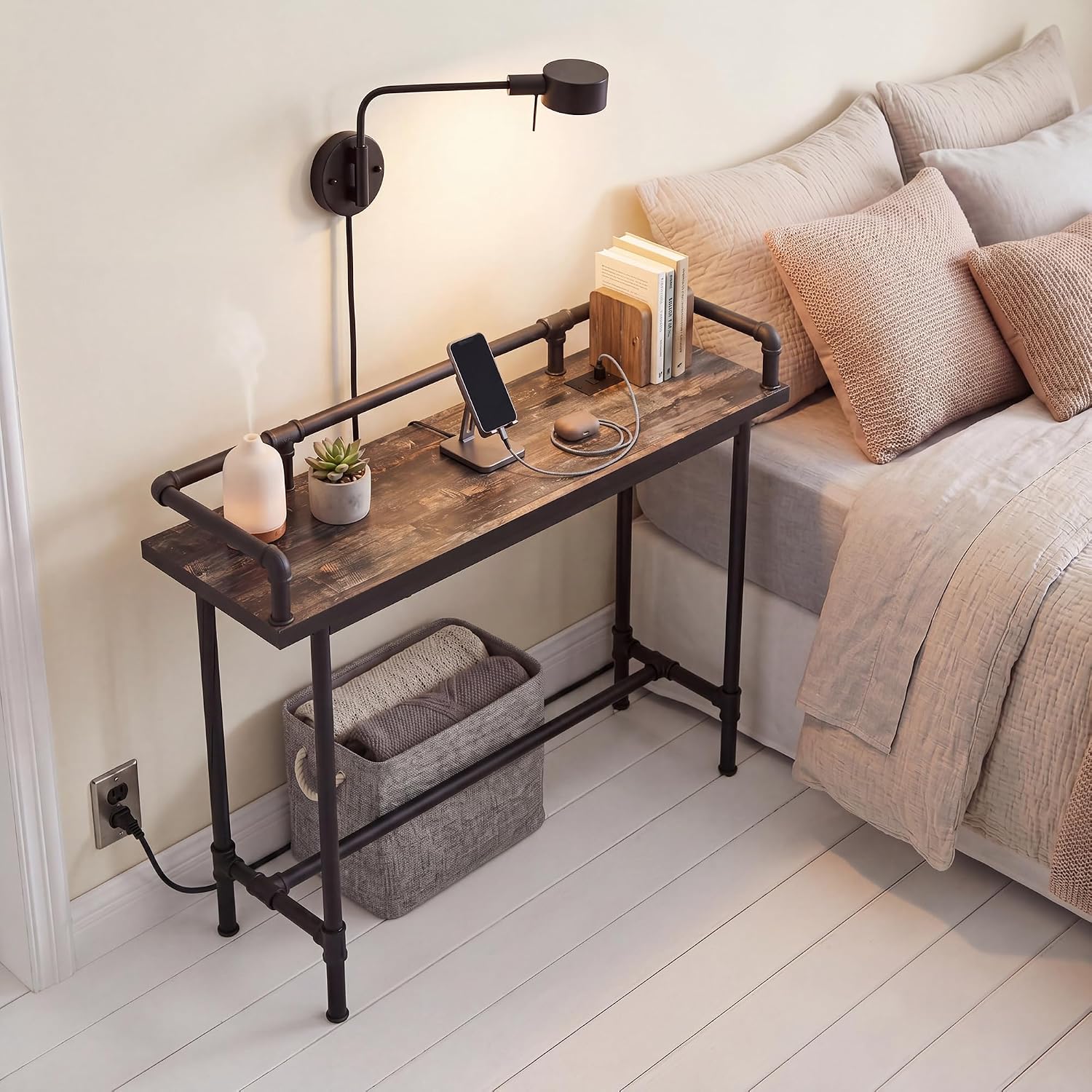 VECELO Narrow Sofa Table with Outlets & USB Ports, Industrial-Style Behind-Couch Table for Entryway, Hallway, Living Room, Bedroom, 39 Inch, Grey Oak