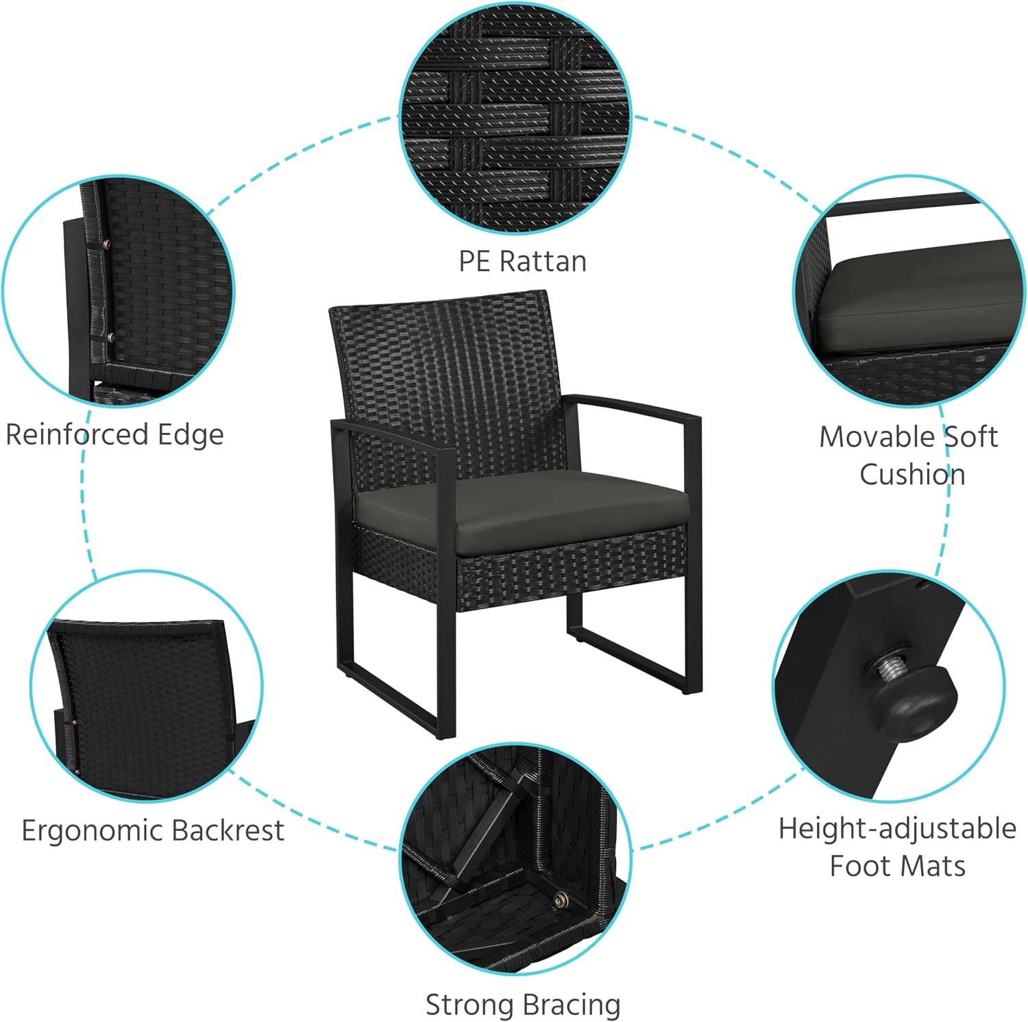 Yaheetech 3 Pieces Rattan Bistro Set, Indoor/Outdoor Wicker Patio Modern Conversation Furniture, 2 Chairs & Tempered Glass Coffee Table for Garden, Balcony, Backyard, Poolside, Black/Gray