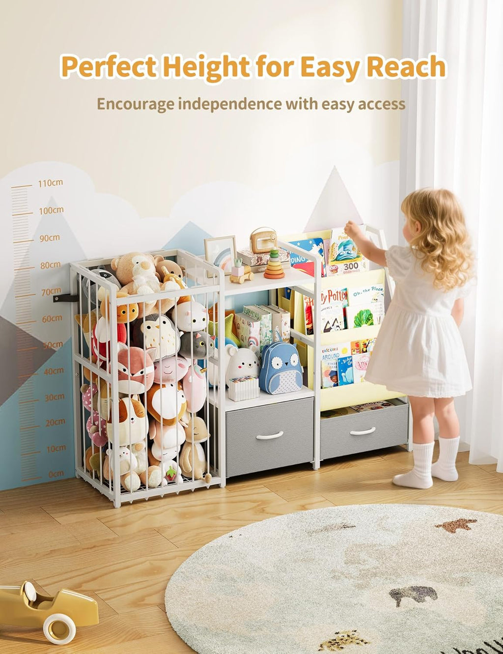 Twinkoo Kids Bookshelf and Toy Storage, Large 3 Tier Book Shelf for Kids Rooms, Sling Baby Bookcase with Stuffed Animal Storage, Toddler Montessori Bookshelf (Grey, 3 Column)
