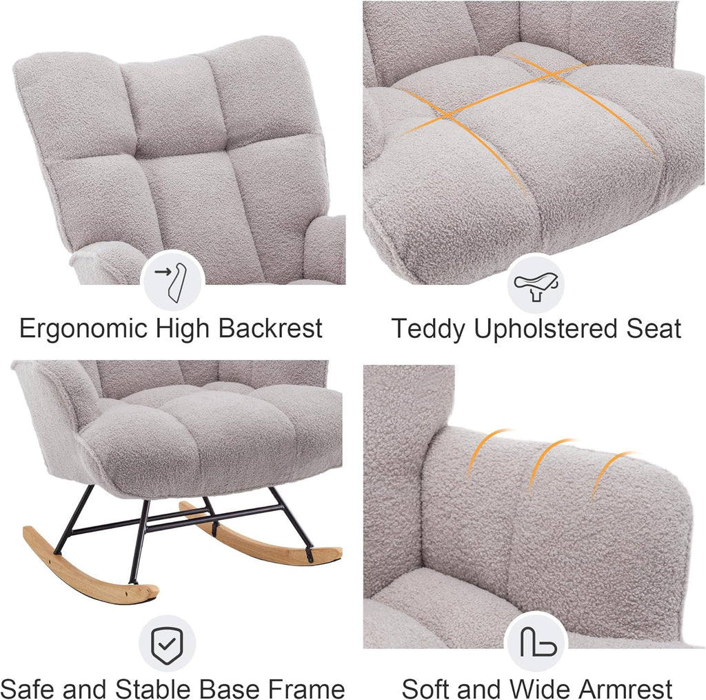 Zedachica Rocking Chair Nursery Teddy Upholstered Glider Rocker Rocking Accent Chair Padded Seat with High Backrest Armchair Comfy Side Chair for Living Room Bedroom Offices (Grey Teddy)