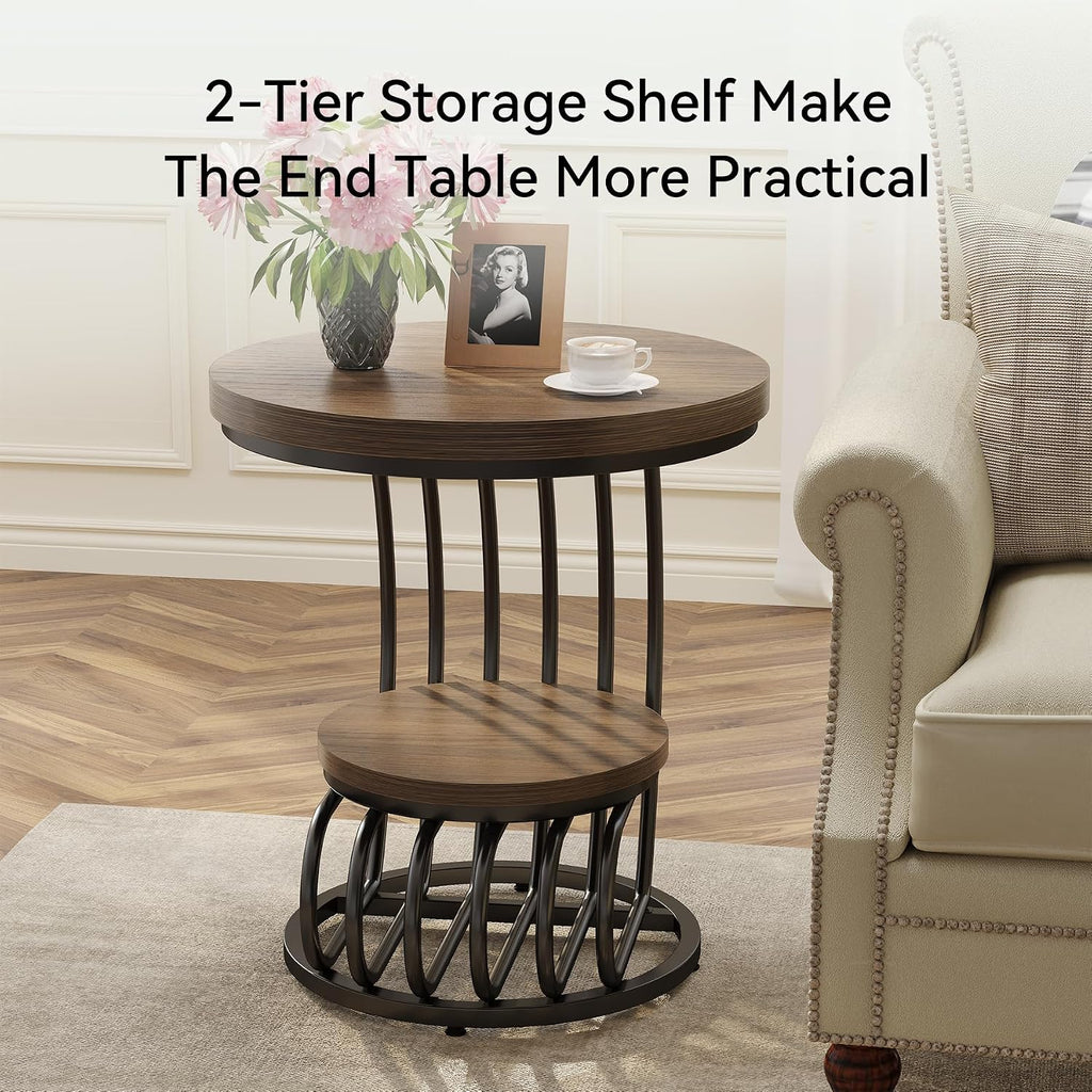 LITTLE TREE Round Side Table, Wood End Table with 2-Tier Storage Shelf, Accent Coffee Table, Creative Curved Metal Frame End Table for Small Spaces, Living Room, Bedroom, Light Brown + Black