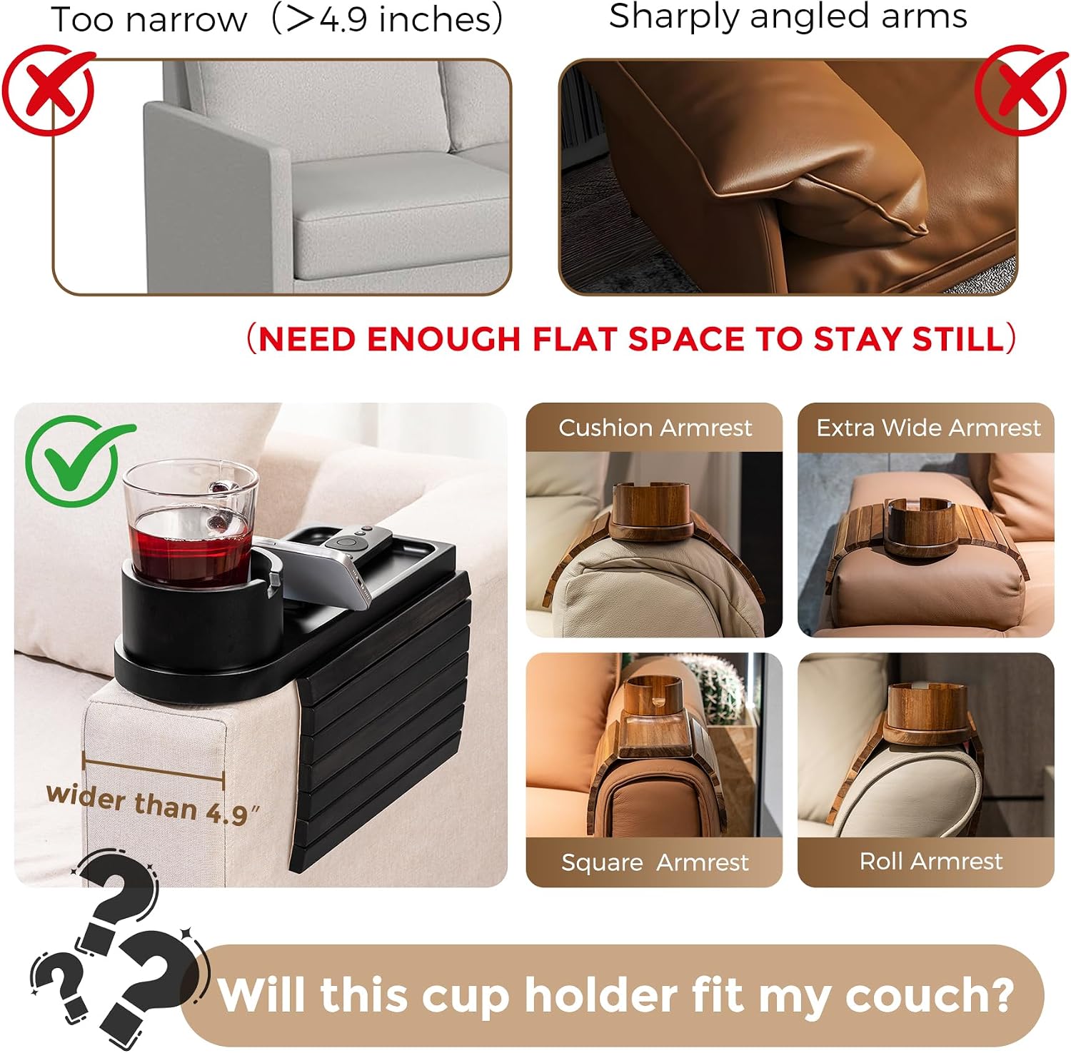 Couch Cup Holder for Armrests Over 4.9" Wide with 360° Phone Stand Black | Couch Arm Tray with 360° Rotating Phone Stand, 3 in 1 Foldable Sofa Arm Tray Table for Remote, Snacks, Phone, Drinks