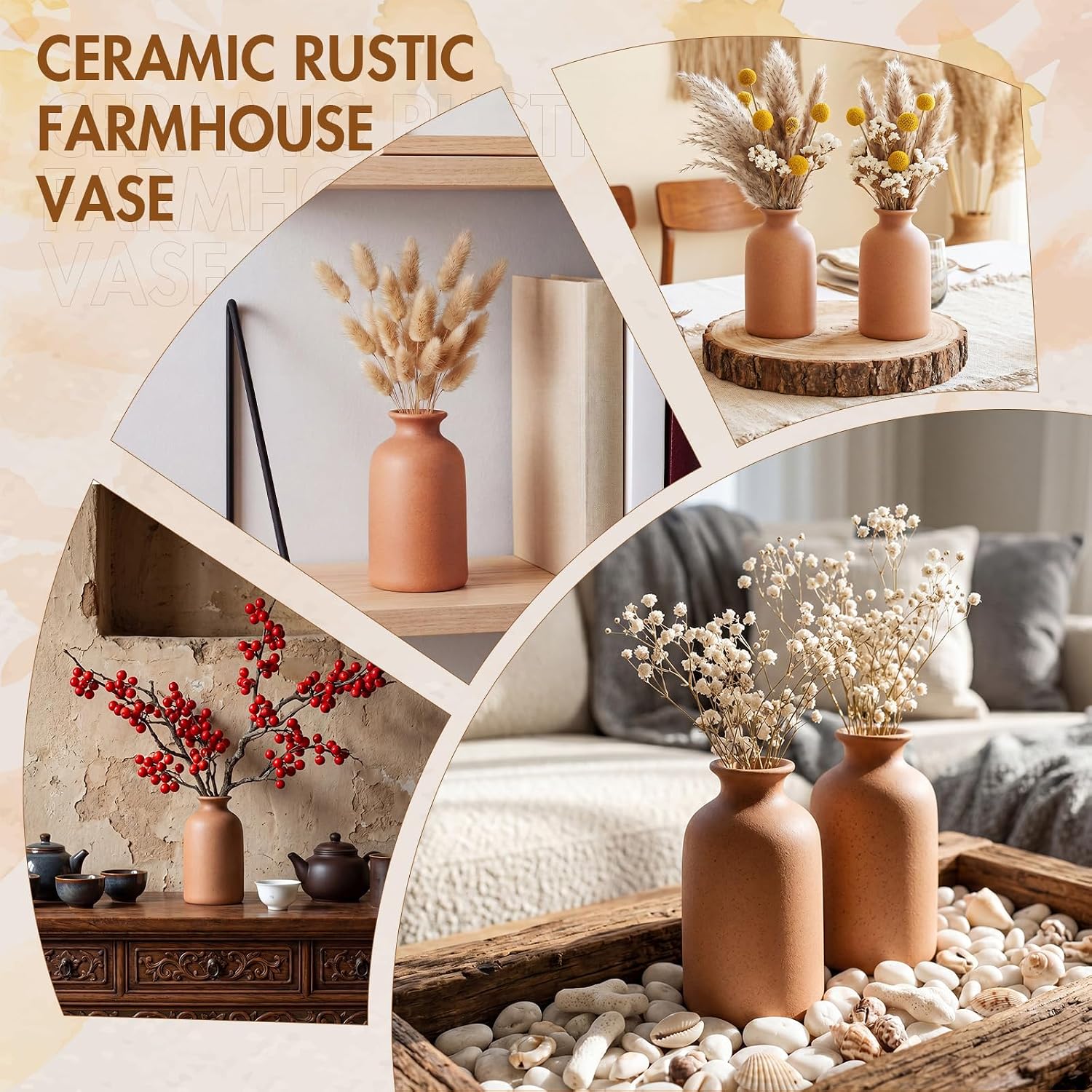 Maxdot Set of 6 Small Ceramic Rustic Vase 5" Modern Farmhouse Neutral Decorative Vase for Pampas Grass Bouquet & Dried Flowers Table Living Room Home Bedroom Boho Style Decor(Brown)