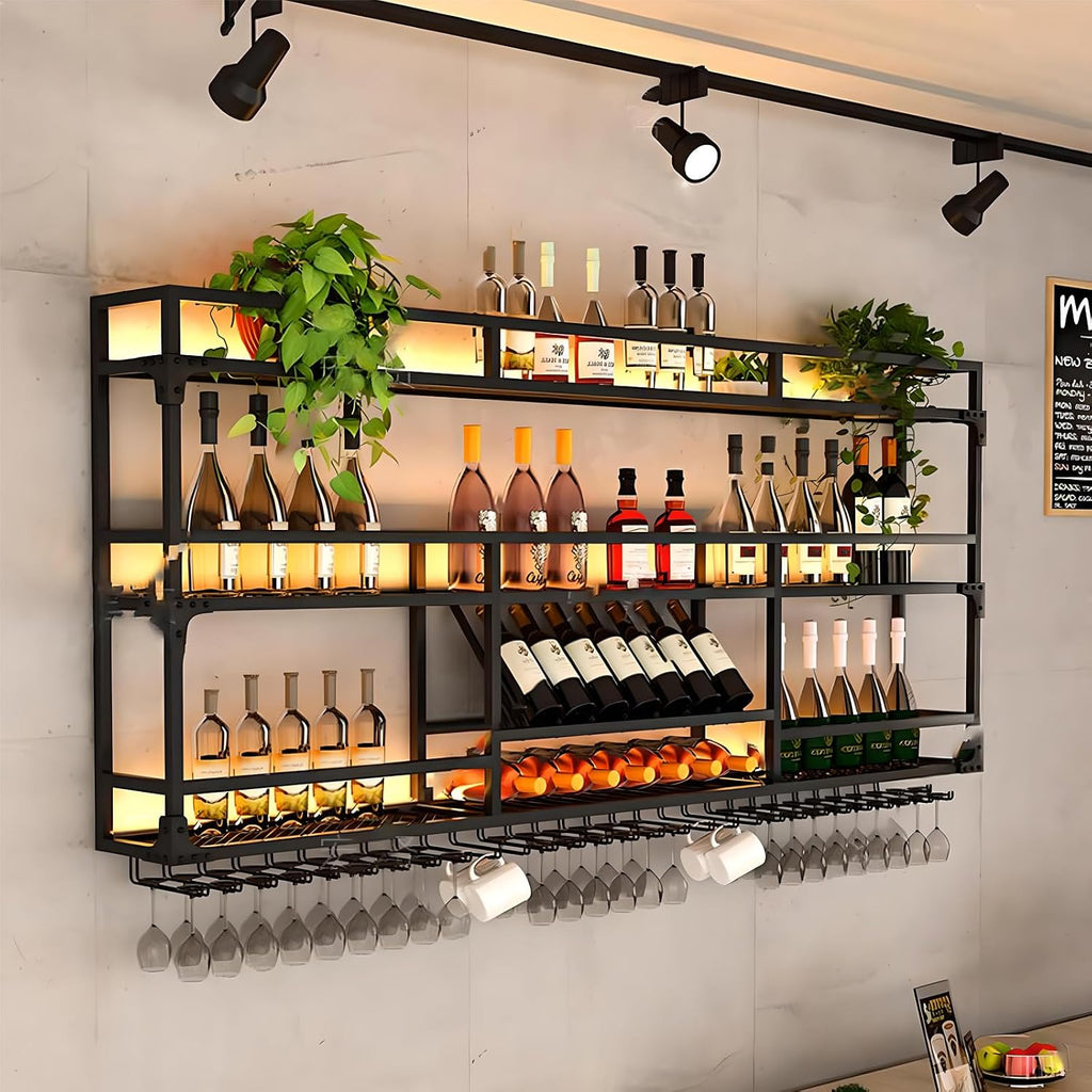 47in Wall Mounted Wine Rack with LED Lights, 3-Tier Heavy Duty Metal Wine Bottle Display Shelf w/Hanging Rack, Wall-Mounted Wine Storage Organizer for Home/Bar/Cafe (B-BLACK, 47.2 * 10 * 35.5IN)