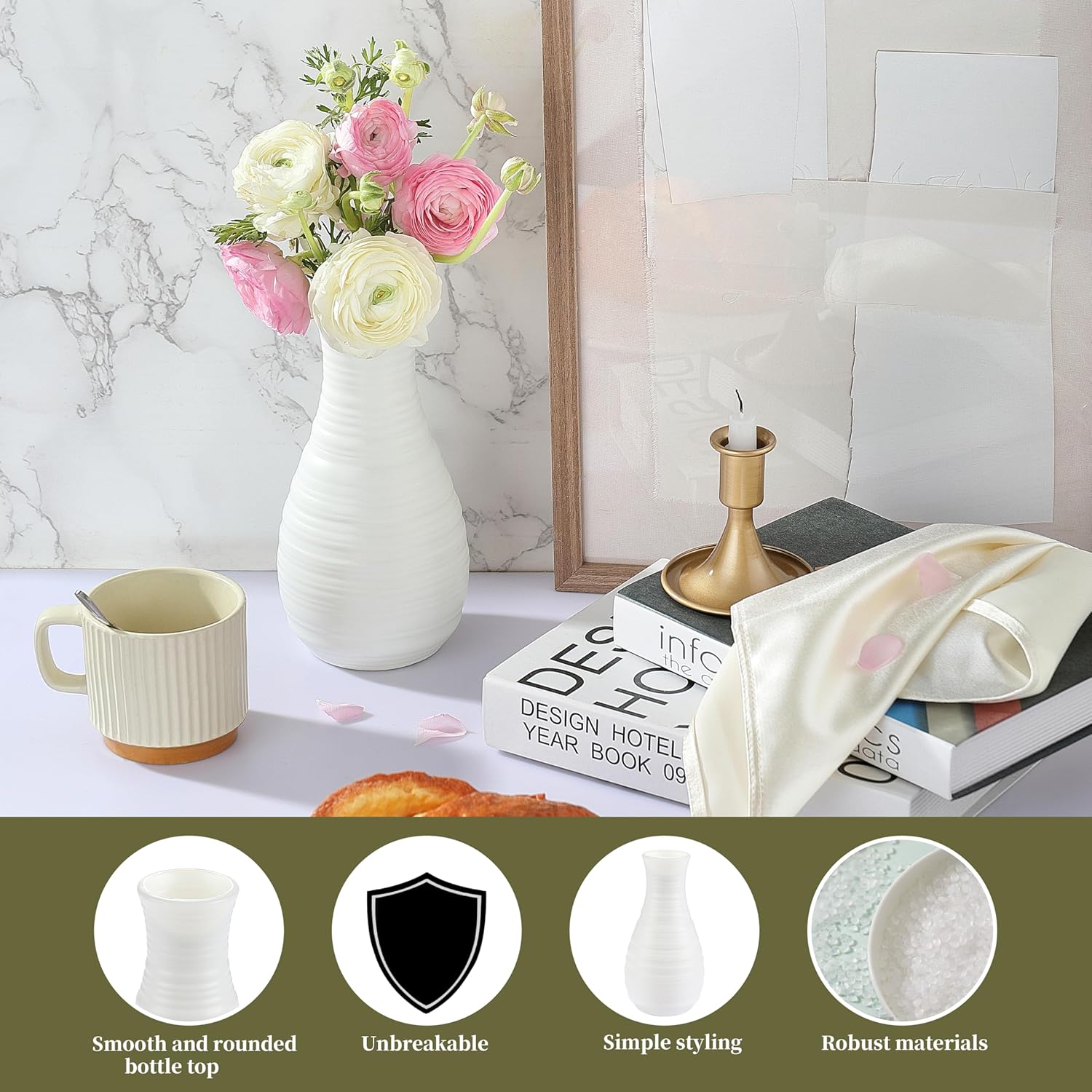 White Plastic Flower Vase, Ceramic-Look Decorative Vase for Flowers, Small and Cute for Home Living Room Dining Wedding Bouquet Decor (8 inches)