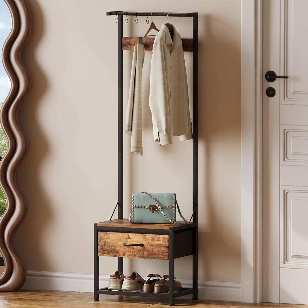 LUMTOK Hall Tree with Shoes Bench, Small Coat Rack with Fabirc Drawer and Shelf for Bedroom, 4-in-1 Entryway Organizer with Shoes Stool for Living Room, Entryway, Closets (Rustic Brown) (Brown, Small)