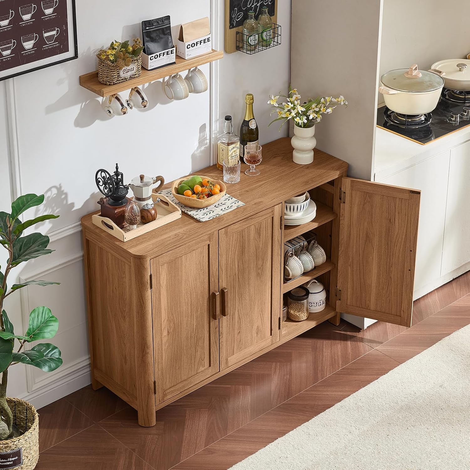 Joaxswe Sideboard Buffet Cabinet with Storage, 46" Arc-Shaped Credenza with 3 Doors & Adjustable Shelves, Mid Century Modern Coffee Bar Cabinet for Kitchen, Living Room, Entryway, Darkwood