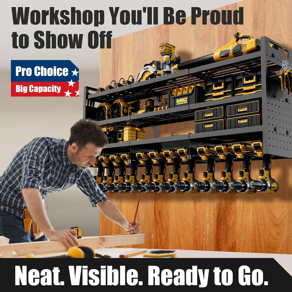 Power Tool Organizer Wall Mount | 8-Outlet TR Charging Station | Garage Storage Rack with Cordless Drill Holder | Heavy Duty Metal Shelf for Workshop Organization