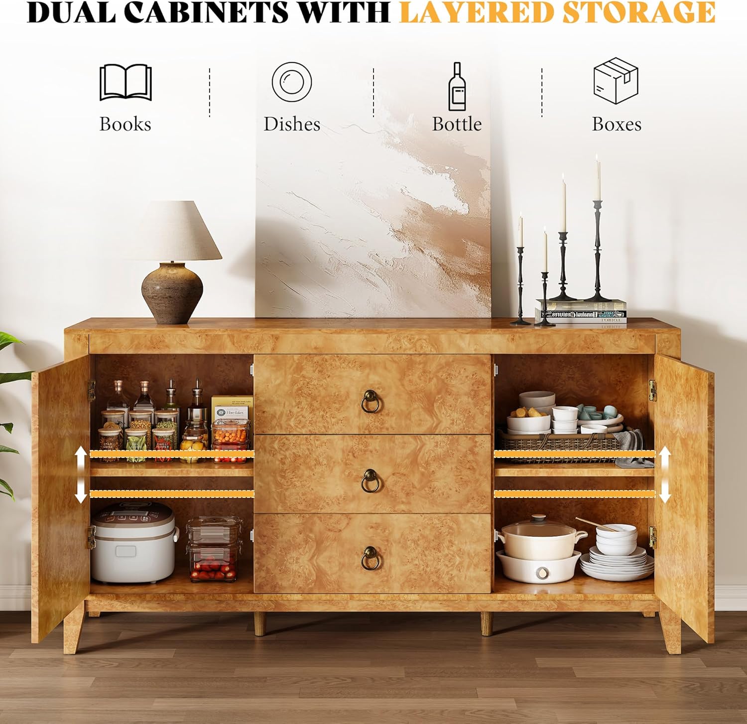 AMERLIFE 60" High Gloss Burl Buffet Sideboard Storage Cabinet, Large Wood Sideboard with Drawers, Retro Handles, Heavy Duty Coffee Wine Bar Buffet Table for Dining Room, Living Room, Yellow
