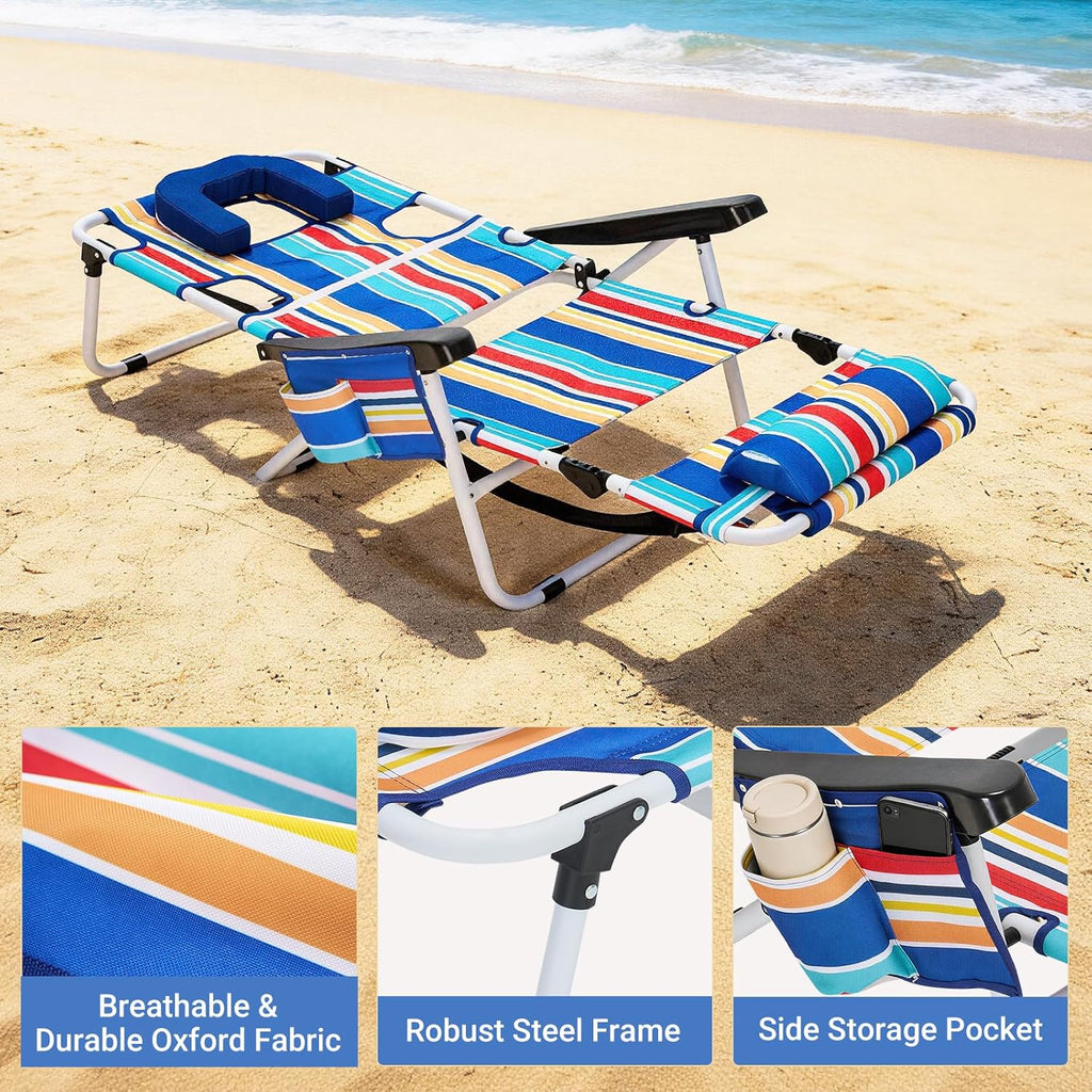 5 Position Folding Beach Chair with Face Hole, Portable Backpack Foldable Lounge Chair w/Headrest&Armrest,Heavy Duty Lay Flat Tanning Chair for Face Down Reading for Adult,440lb Capacity,Blue Stripes