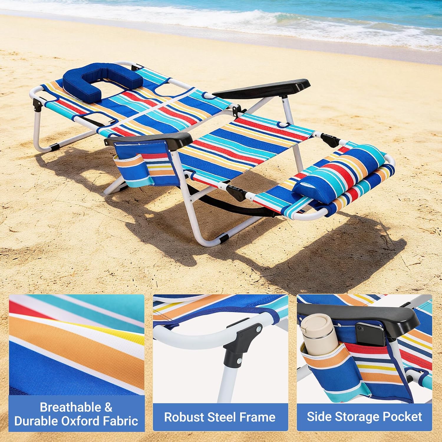5 Position Folding Beach Chair with Face Hole, Portable Backpack Foldable Lounge Chair w/Headrest&Armrest,Heavy Duty Lay Flat Tanning Chair for Face Down Reading for Adult,440lb Capacity,Blue Stripes