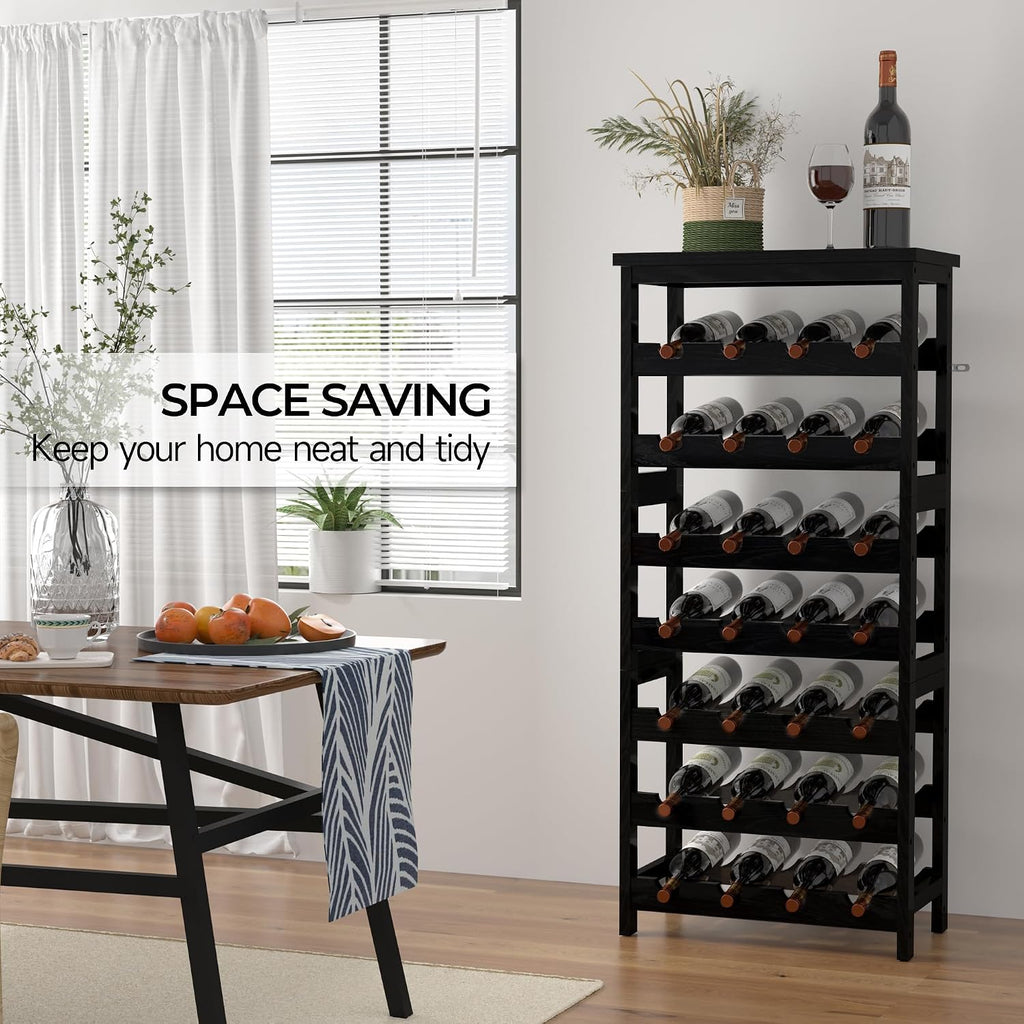 28-Bottle Wine Rack Free Standing Floor, Solid Wood 7-Tier Display Wine Storage Shelves with Tabletop, Wobble-Free Bottle Holder for Cellar Kitchen Bar Dining Room Living Room