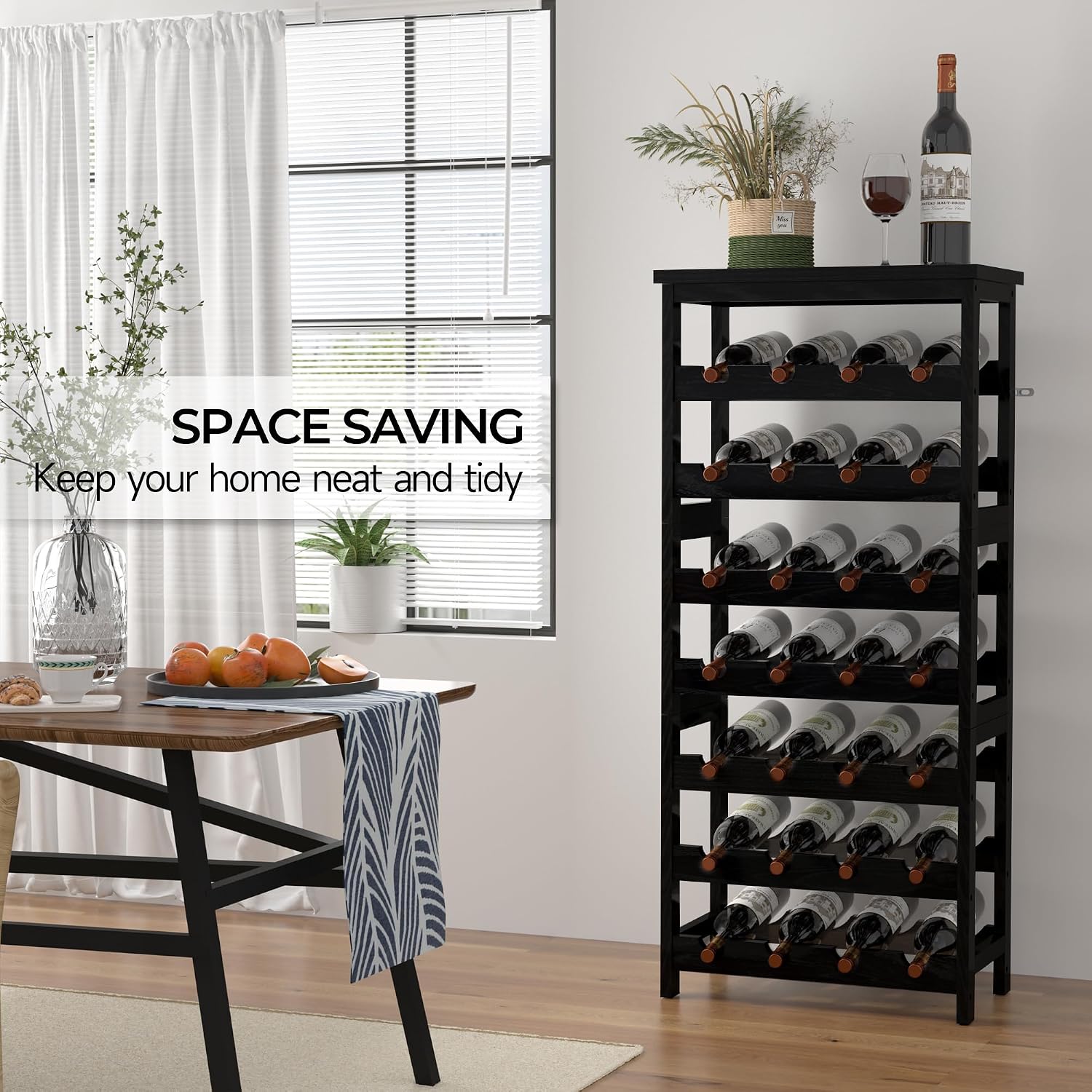 28-Bottle Wine Rack Free Standing Floor, Solid Wood 7-Tier Display Wine Storage Shelves with Tabletop, Wobble-Free Bottle Holder for Cellar Kitchen Bar Dining Room Living Room