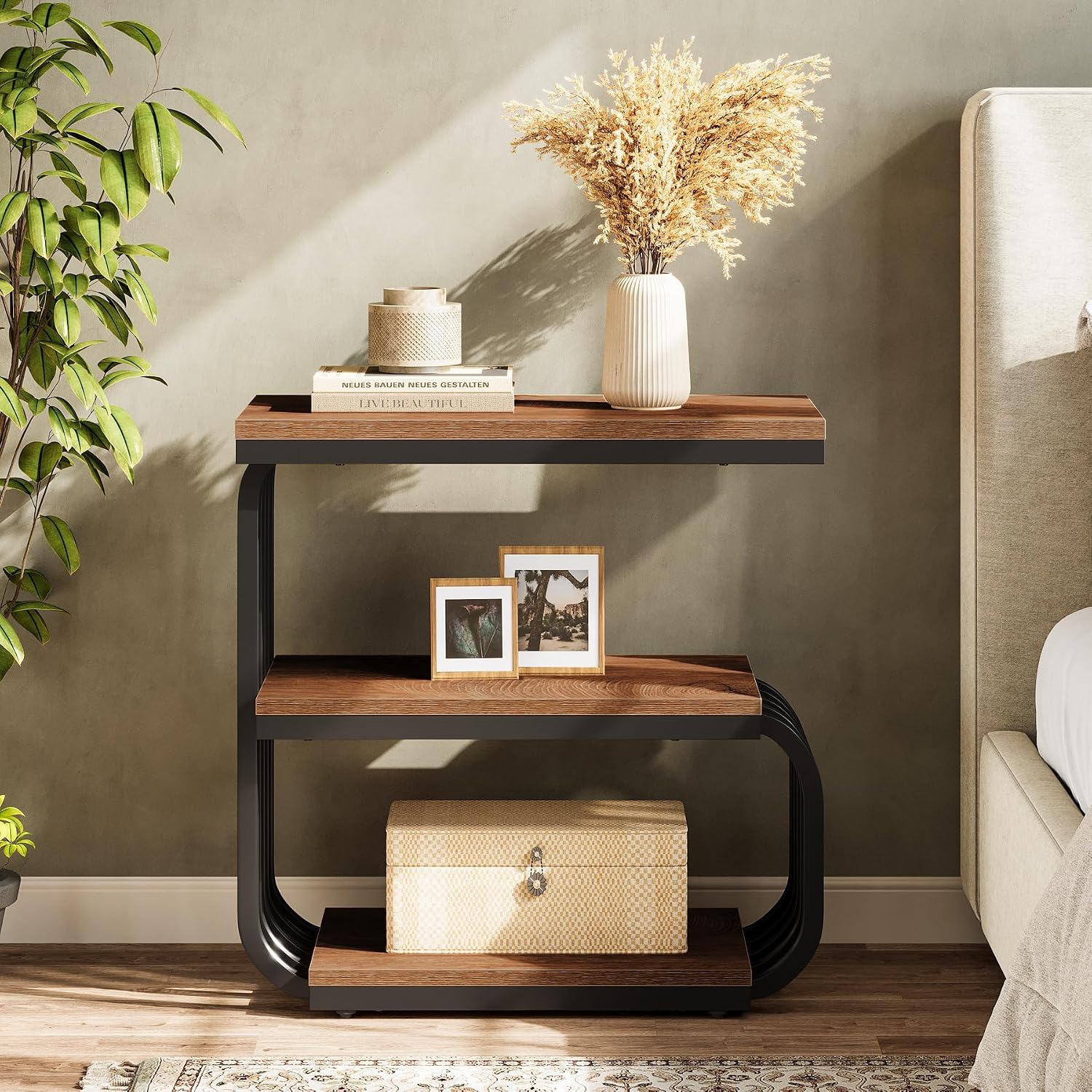 Tribesigns 3-Tier Nightstand, Narrow Bedside Stand, Industrial Vintage End Table for Bedroom, Living Room, or Small Spaces, Accent Side Table with Metal Frame (2, Brown)