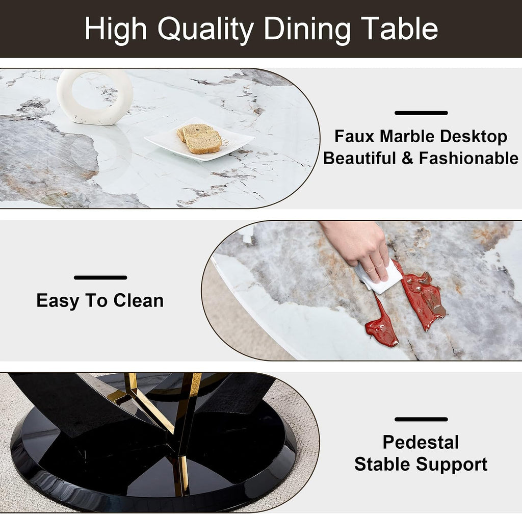 JUFU 48 Inch Round Dining Table for 4 to 6, Faux Marble Look, Modern Circle Kitchen Furniture with Stable Pedestal Base for Apartment, Dining Room, Living Room, Restaurant