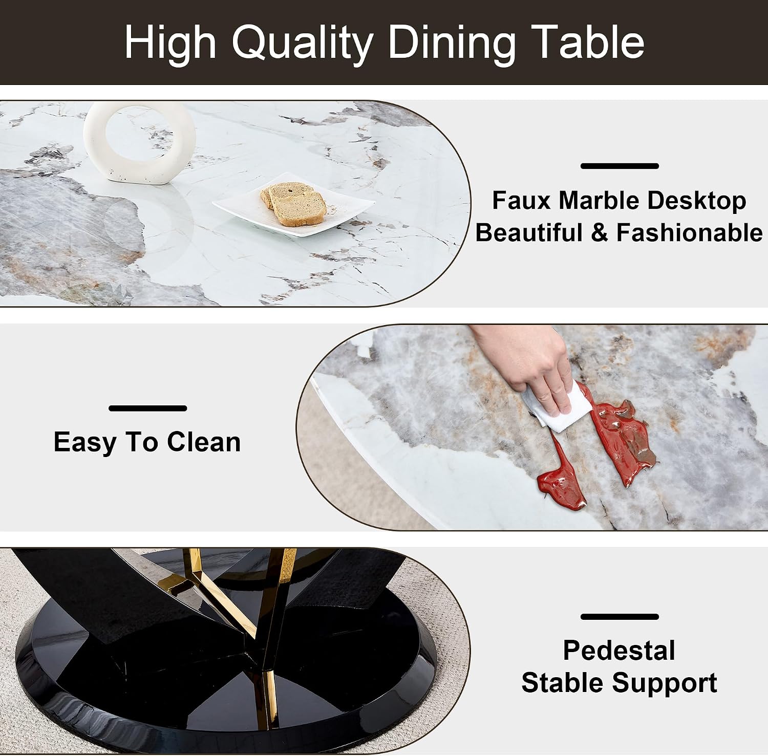 48 Inch Round Dining Table for 4-6, Modern Circle Dining Table with Black & Gold Metal Pedestal Base, Faux Marble Round Kitchen Table, 300 LBS Capacity