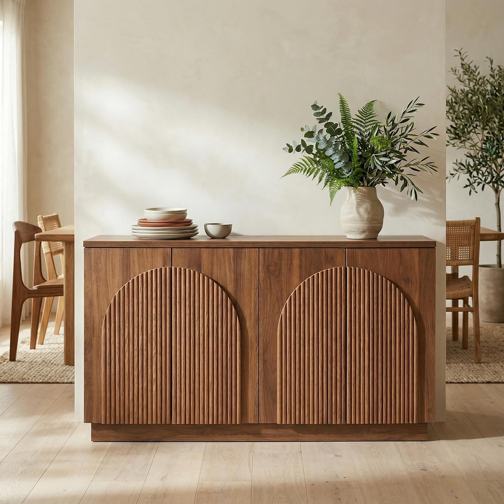 Brafab 4-Door Fluted Sideboard Buffet Cabinet with Arched Reeded Doors and Adjustable Shelves, Modern Credenza Storage Cabinet for Living Room Dining Room, Walnut Oak Finish