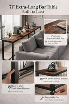 Homleke 71" L Narrow Bar Table, Counter Height Pub Desk, Rustic Brown and Black