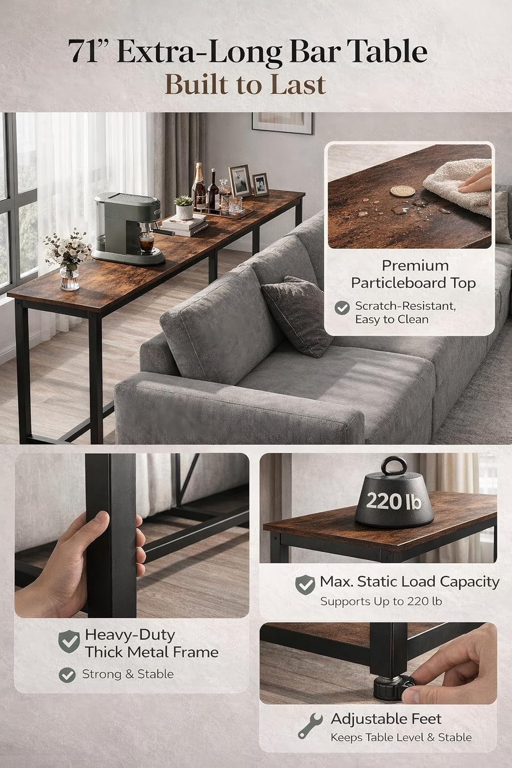 Homleke 71" L Narrow Bar Table, Counter Height Pub Desk, Rustic Brown and Black