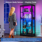 Gurexl Display Cabinet with Motion Sensor LED Lights, Glass Curio Cabinet with Adjustable Shelves & Glass Door, Modern Tall Display Case for Collectibles, Toys, Figures, Ideal for Living Room, Black