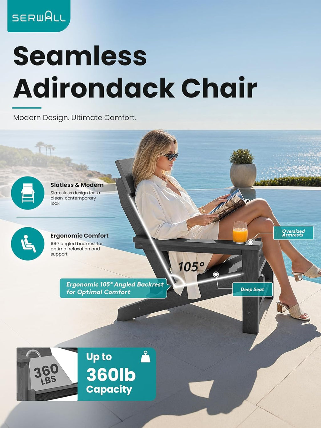 SERWALL Modern Adirondack Chairs, Slatless HDPE Adirondack Chairs, Solid Backrest Plastic Outdoor Chairs Set of 4,Wood-Like Texture-Grey