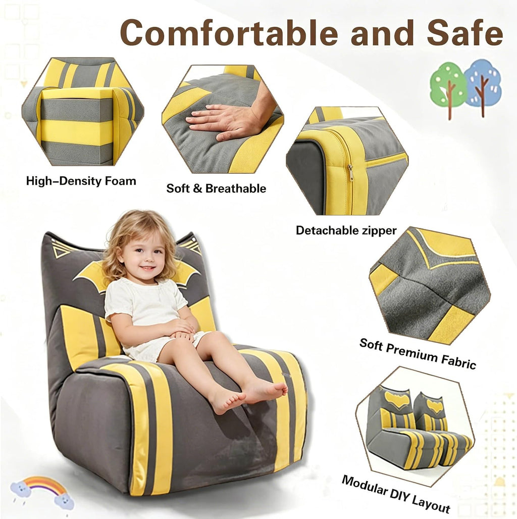 Kids Sofa Chair, Superhero-Inspired Gaming Lounge Seat with High-Density Foam, A Soft Fabric Modular Chair for Playroom, Bedroom, Reading Corner, Grey with Yellow Accents
